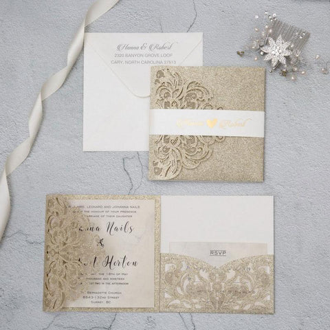 glitter laser cut wedding invitation