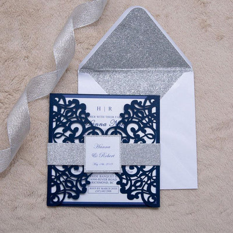 lace laser cut wedding invitation with glitter belly band