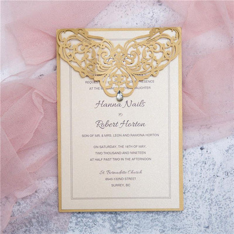 gold laser cut wedding invitation