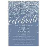 blue engagement invitation with white confetti