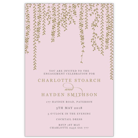 blush pink and gold hanging vine engagement invitation