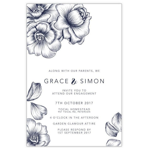 navy floral engagement invitation